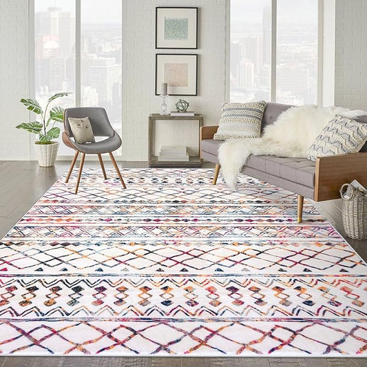KUTA Boho Living Room Rug 8x10, Moroccan Multi-Color Washable Area Rugs Non Slip, Ultra Soft Print Distressed Geometric Low-Pile Throw Carpet for Bedroom Nursery Dorm Decor
