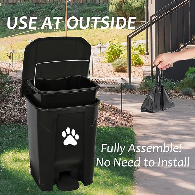 tebiete Dog Poop Trash Can Outdoors Pet Waste Station with Lid Dog Waste Disposal Container with Removable Inner Bin Bucket Hands-Free Pedal Garden Yard Home with Waste Bags, Black