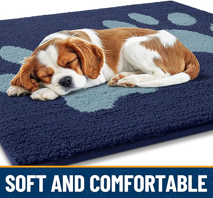 Smiry Dog Door Mat for Muddy Paws, Absorbs Moisture and Dirt, Low-Profile Entryway Mat with Non-Slip Backing, Entry Indoor Outdoor Doormat for Inside Floor (47x24 Inches, Dark Blue, Paw)