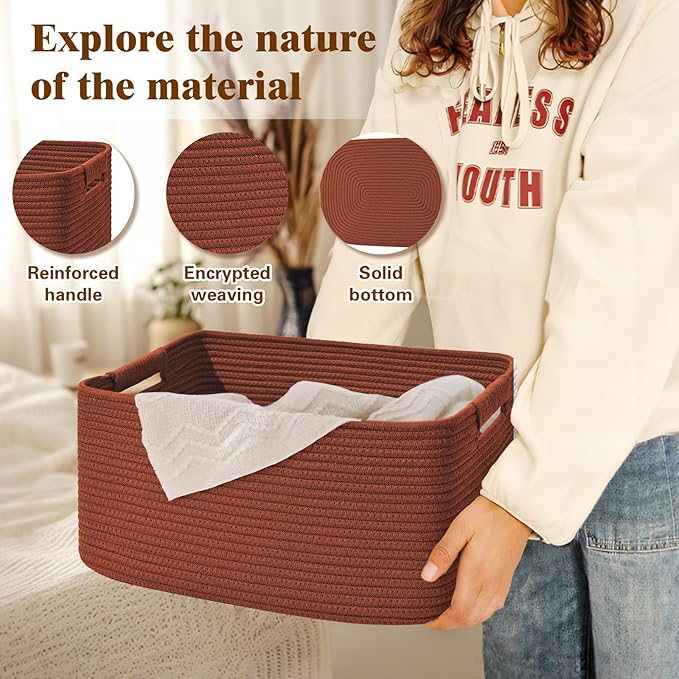 4 Pack Large Storage Basket for Organizing, 17.5"x13"x7" Woven Basket for Shelves, Closet Cube Storage Bins with Wrapped Handle, Cotton Rope Baskets for Kitchen, Clothes, Toys(Oxide Red)