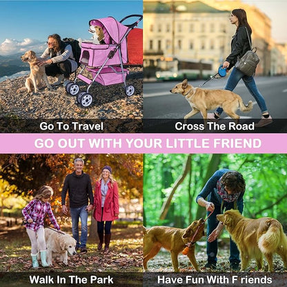 4 Wheels Pet Stroller Waterproof,Travel Stroller for Small Medium Dogs & Cats,Easy Fold with Removable Liner,Storage Basket,Pink