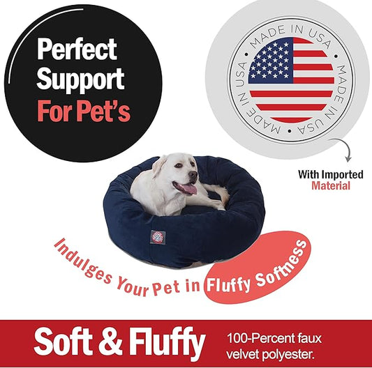 Majestic Pet 40 Inch Micro Velvet Calming Dog Bed Washable – Cozy Soft Round Dog Bed with Spine for Head Support - Fluffy Donut Puppy Mat 40x29x9 (inch) Large – Navy (2025)