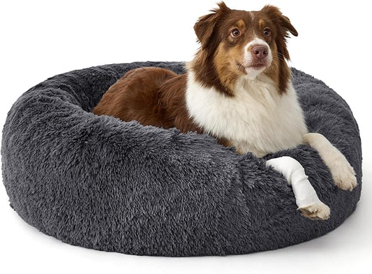 Bedsure Calming Dog Beds Large Sized Dog - 36in Donut Washable Large Pet Bed,Anti-Slip ＆Removable Cover,420GSM Round Anti-Anxiety Fluffy Plush Faux Fur Bed, Fits up to 80 lbs Pets,Plus Version