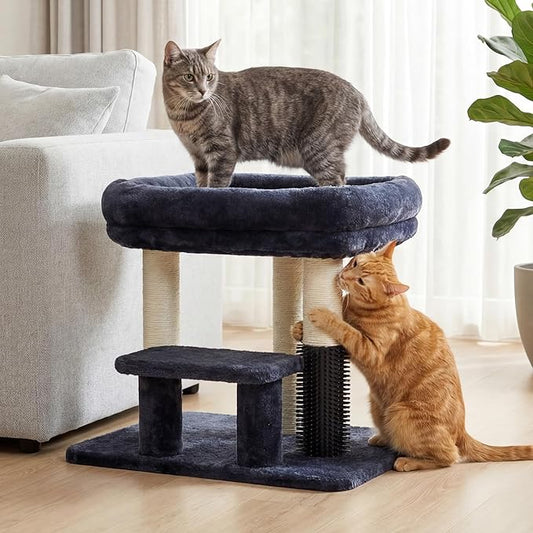 Heybly Cat Scratching Post, Small Cat Tree Tower with 3 Full Sisal Posts, Removable Plush Bed, Grooming Brush, Stable & Space-Saving Cat Furniture with Gentle Step for Indoor Cats, Smoky Gray HSP001SG