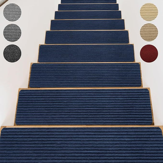 Stair Treads for Wooden Steps - Non Slip Stairs Carpet Tape Peel and Stick with Double Adhesive Tape Set of 15 Stripe- Dark Blue