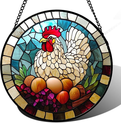 Stained Glass Window Hanging White Chicken Hatching Eggs 7.8" - Suncatcher Door Garden Sunroom Sun Catcher Home Decor Birthday Christmas for Mom Men Woman Nana