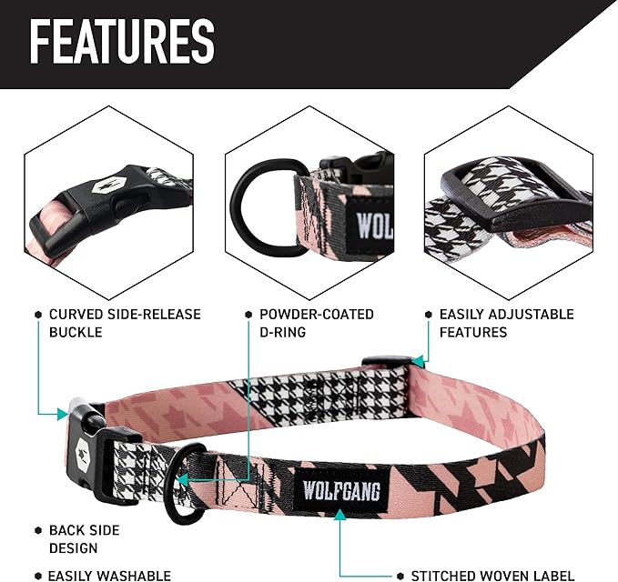 Wolfgang Heavy Duty, Adjustable Dog Collar with Quick Release Nylon Buckle for Walking & Training, HoundsPink Print, Medium