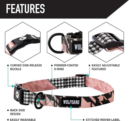 Wolfgang Heavy Duty, Adjustable Dog Collar with Quick Release Nylon Buckle for Walking & Training, HoundsPink Print, Small