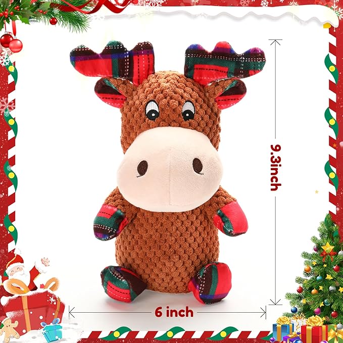 Christmas Dog Toys Plush Chew Toys for Dogs, Tough Stuffed Elk Squeaky Toy with Crinkle Paper, Adorable Xmas Reindeer Dog Toy, Dog Gifts for Small Medium Large Dogs to Keep Them Busy