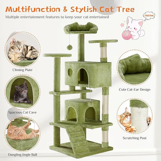 Cat Tree 54 Inch, Multi-Level Cat Tower with Condo, Perches, Sisal Scratching Posts and Climbing Ladder, Pet Play Toy Balls House for Indoor Cats, Green