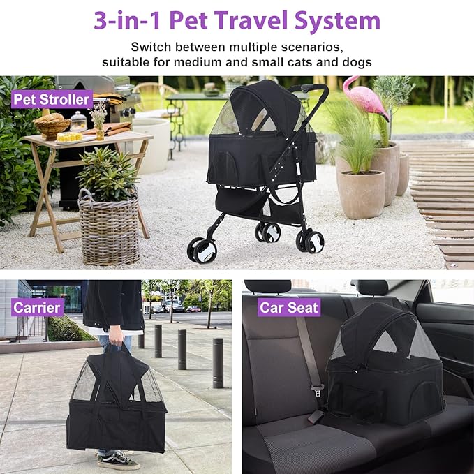 3 Wheel Pet Stroller Cat Dog Strollers for Small Medium Dogs 3-in-1 Detachable Travel Carrier Pet Gear Stroller Wagons for Dogs Trolley for Cat Doggie Rabbit Doggy Puppy, Black