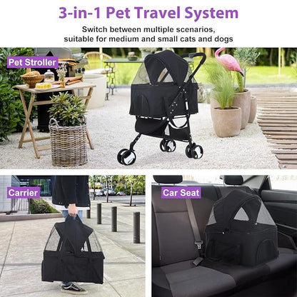 3 Wheel Pet Stroller Cat Dog Strollers for Small Medium Dogs 3-in-1 Detachable Travel Carrier Pet Gear Stroller Wagons for Dogs Trolley for Cat Doggie Rabbit Doggy Puppy, Black