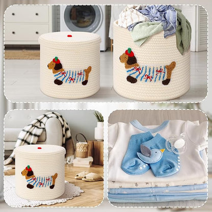 Novabright 2 Pcs Dog Woven Basket with Lid Cute Toy Storage Bin Cotton Rope Puppy Animal Storage Basket for Laundry Toy Pet Gift Organizer for Clothes Towels