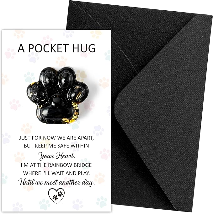 Loss of Pet Sympathy Gift - Black Obsidian Mini Paw Pocket Hug with Memorial Card Envelope Remembrance Bereavement Gift for Loss of Dog Cat Sympathy Favor Adult Pet Lover Stress Relief Toy