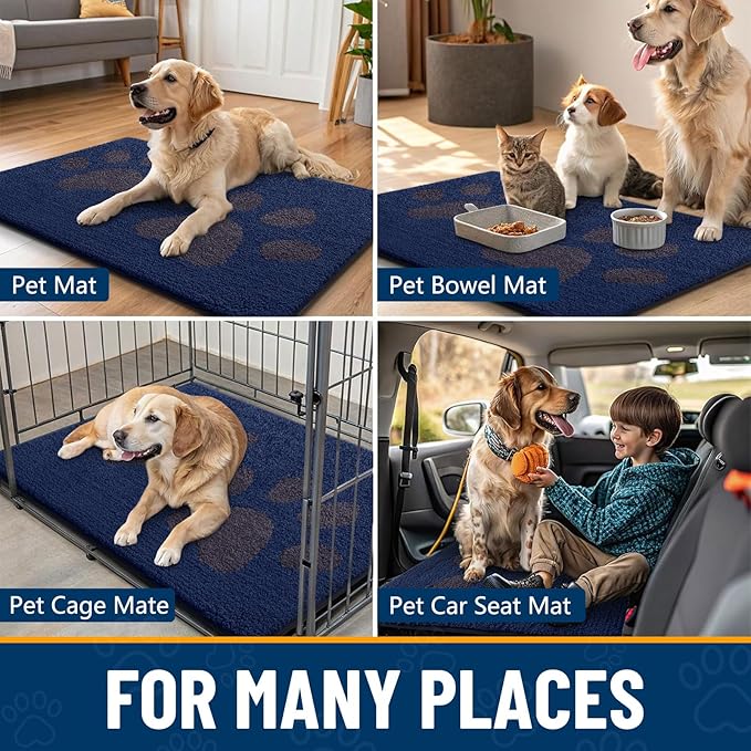 Smiry Dog Door Mat for Muddy Paws, Absorbs Moisture and Dirt, Low-Profile Entryway Mat with Non-Slip Backing, Entry Indoor Outdoor Doormat for Inside Floor (40x32 Inches, Navy Blue, Paw)