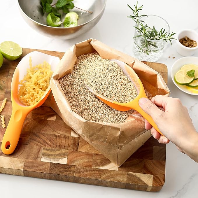 Spring Chef Magnetic Ice Scoop for Freezer Bin - Contoured Translucent Plastic Scoop with Soft Grip Handle - Kitchen Scoopers for Food, Ice Machine, Pet Food, Flour - Popcorn Scooper - 2 Pack - Mango
