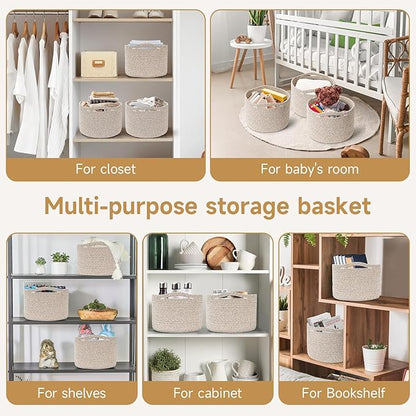 Small Rope Baskets for Storage, Baskets for Gifts Empty, Cute Round Woven Basket, Decorative Shelf Baskets 9.82×9.82×7.1", Cotton Toy Basket Storage Bins for Organizer 3 Packs-Brown