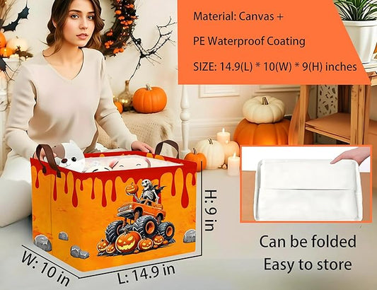 Large Halloween Themed Candy Gift Boo Basket for Kids Baby Personalized Adults Storage Bin Fall Decor(Skeleton Monster Truck)