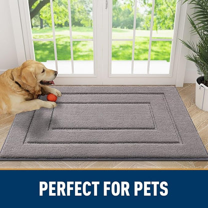 Smiry Dog Door Mat for Muddy Paws, Absorbs Moisture and Dirt, Low-Profile Entryway Mat with Non-Slip Backing, Entry Indoor Outdoor Doormat for Inside Floor (30x20 Inches, Grey, Bordered)