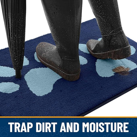 Smiry Dog Door Mat for Muddy Paws, Absorbs Moisture and Dirt, Low-Profile Entryway Mat with Non-Slip Backing, Entry Indoor Outdoor Doormat for Inside Floor (59x24 Inches, Dark Blue, Paw)