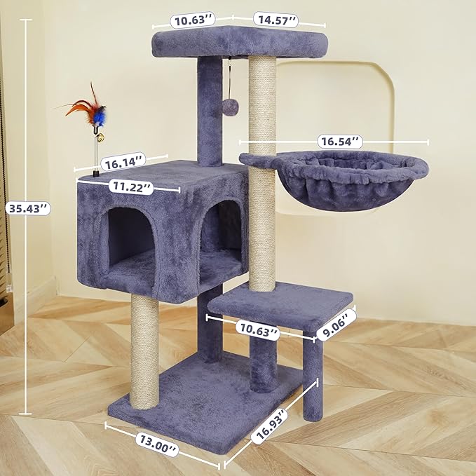 AIWIKIDE 35.4'' Multifunction Cat Tree with Cozy Hammock & Hanging Ball, Cat Tower with Activity Cat Condo & Jute-Covered Scratching Posts, Grey