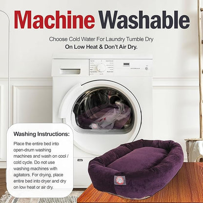 Majestic Pet 32 Inch Micro Velvet Calming Dog Bed Washable – Cozy Soft Round Dog Bed with Spine for Head Support - Fluffy Donut Puppy Mat 32x23x7 (inch) Medium – Aubergine