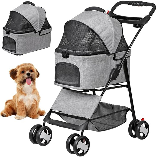 4 Wheels Dog Stroller with Detachable Carrier Folding Pet Strolling Cart for Small Medium Cats Puppies with Storage Basket Cup Holder, Gray
