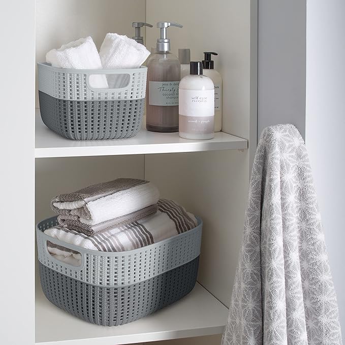 Simplify 4 Pack 2 Tone Sailor Knot Plastic Storage Tote | Decorative Basket | Closet Organization | De-clutter | Accessories | Toys | Bathroom Organization | Medium | Grey/Grey