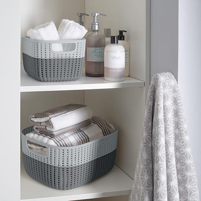 Simplify 2 Pack 2 Tone Sailor Knot Plastic Storage Tote | Decorative Basket | Closet Organization | De-clutter | Accessories | Toys | Bathroom Organization | Medium | Grey/Grey