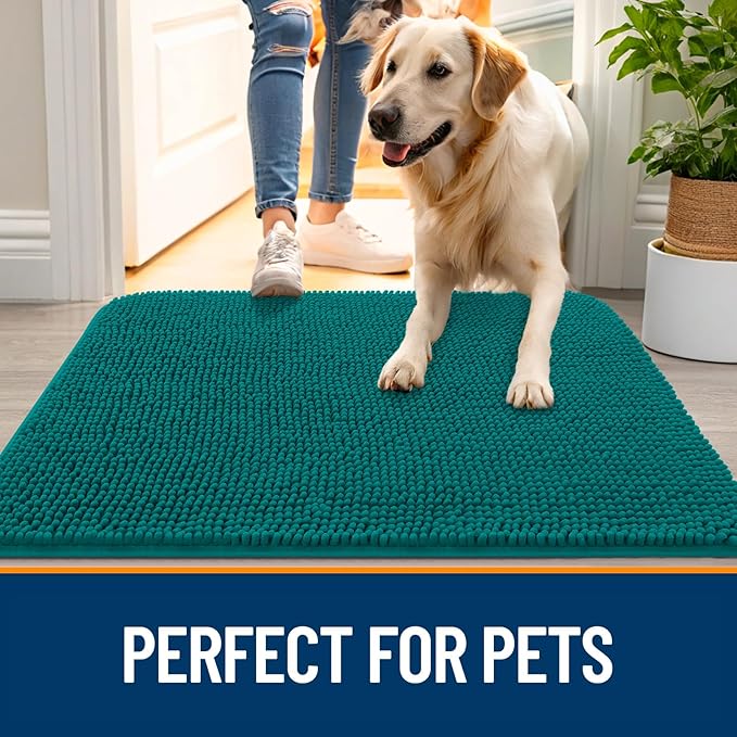 OLANLY Dog Door Mat for Muddy Paws 70x24, Absorbs Moisture and Dirt, Absorbent Non-Slip Washable Doormat, Quick Dry Chenille Mud Mat for Dogs, Entry Indoor Entryway Carpet for Inside Floor, Lake Blue