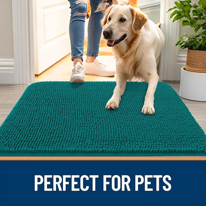 OLANLY Dog Door Mat for Muddy Paws 45x27, Absorbs Moisture and Dirt, Absorbent Non-Slip Washable Doormat, Quick Dry Chenille Mud Mat for Dogs, Entry Indoor Entryway Carpet for Inside Floor, Lake Blue