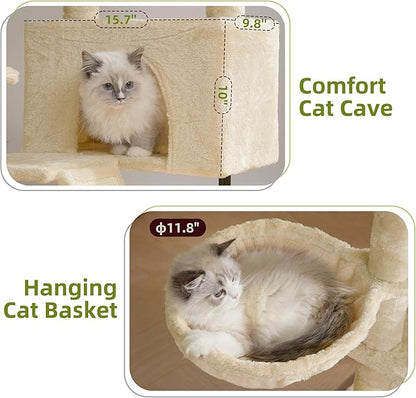 Gitelsnour Cat Tree for Indoor Cats, Cat Tower with Scratching Post for Small Cats and Kittens, Cat House with Removable Top Platform and Fluffy Balls, Hanging Cat Basket, Beige GCT006SM