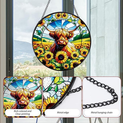 Highland Cow Stained Glass Window Hanging, 7.8" Sunflower Cow Sun Catchers Indoor Window Decor, Suncatchers for Windows Hanging Gifts for Women