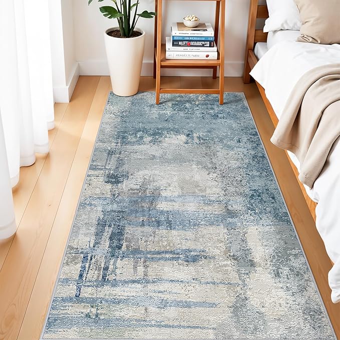 Abstract Runner Rugs 3x6 Washable Rug Non-Slip Hallway Carpet - Modern Neutral Kitchen Runners for Entryway, Bedroom, Laundry Room - Soft Low Pile Floor Mat 3x6 Blue