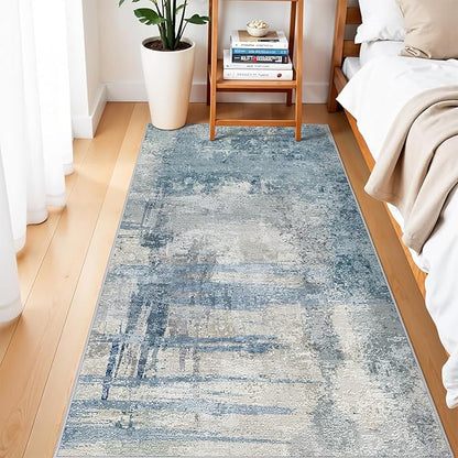Abstract Runner Rugs 3x6 Washable Rug Non-Slip Hallway Carpet - Modern Neutral Kitchen Runners for Entryway, Bedroom, Laundry Room - Soft Low Pile Floor Mat 3x6 Blue