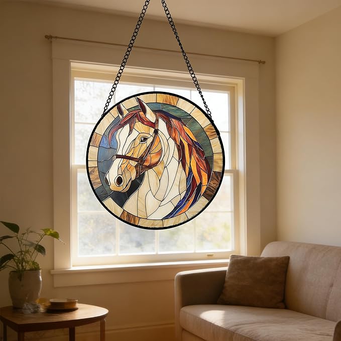 Stained Glass Window Hanging, Animal Horse Colored Mane Sun Catchers Glass Panel Cool Suncatcher Decor for Birthday for Women, Men, Wife, Aunt, and Mom 14.9x14.9 in