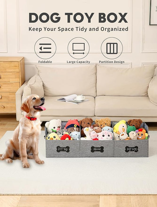Qozary Large Dog Toy Basket with Diy Tag - Collapsible Dog Toy Bin, Fabric Personalized Storage Box, Trapezoid Storage and Organizer for Pet Supplies (Gray, Extra Large 47"x13.4")