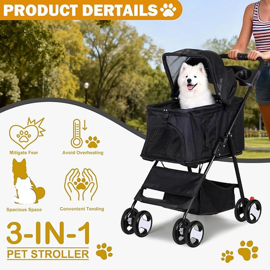 4 Wheels Foldable Pet Dog Cat Jogger Stroller Travel Carrier Strolling Cart w/Waterproof Cover Storage Basket Cup Holder & Detachable Carrier for Medium Small Cat Dog, Black