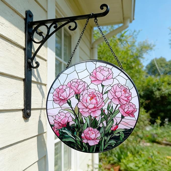 Stained Glass Window Hanging Suncatcher, Handmade 7.8 in Pink Carnation Sun Catcher for Home Garden Decor, Gift for Women Friends Grandma Mom Sister, Mother's Day, Birthday, Anniversary