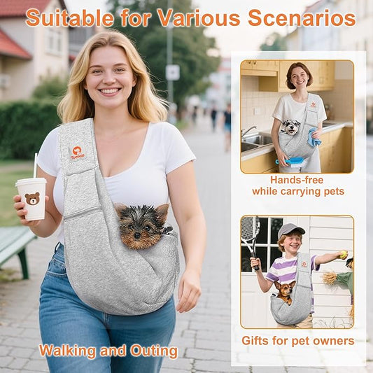 Tomkas Small Dog Sling Carrier - Zipper Pocket & Classic Strap - for 3-10 lbs Pets(Grey)