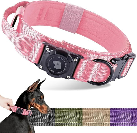 2026 Upgrade Waterproof AirTag Dog Collar, Military Tactical Dog Collar with AirTag Holder, Comfortable Control Handle and Metal Buckle, GPS Dog Collar Holder for Medium to Large Dogs (Pink,L)