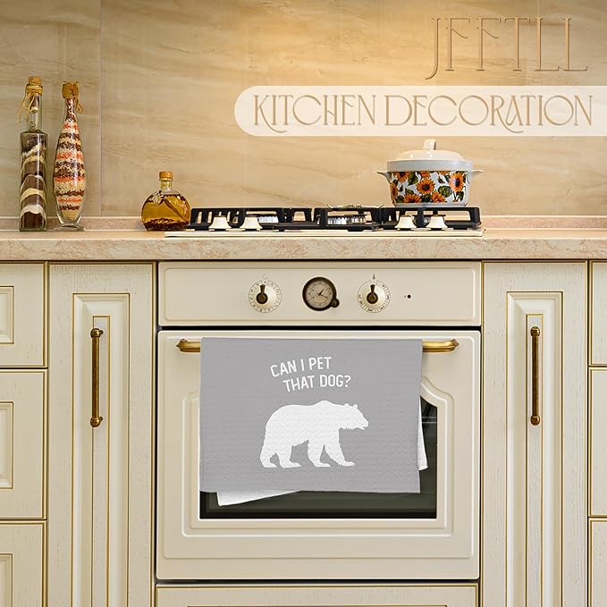 Funny Bear Kitchen Towels, Gifts for Bear Wildlife Camping Lovers Dish Tea Towels for Kitchen Decor, Can I Pet That Dog Decorative Hand Towel for Bathroom, 16x24 Inch - Grey