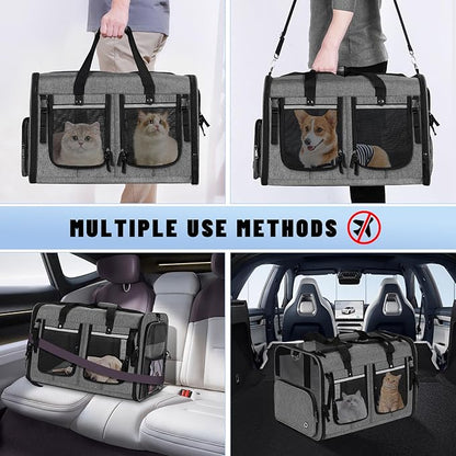 Cat Carrier for 2 Cats, Foldable Double Cat and Dog Carrier, Small to Medium Size, 2 Front Zippered Compartments,Two Pets Carrier for Travel,Mulitple Cat Carrier (Dark Gray with Flat Pocket)