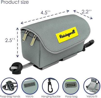 Dog Poop Bag Holder for Leash, 2 Waterproof Zipper Pouches, Dog Treat Pouch for Pet Walking Accessories, with Dispenser, Training Clicker and 1 Free Roll (Gray)