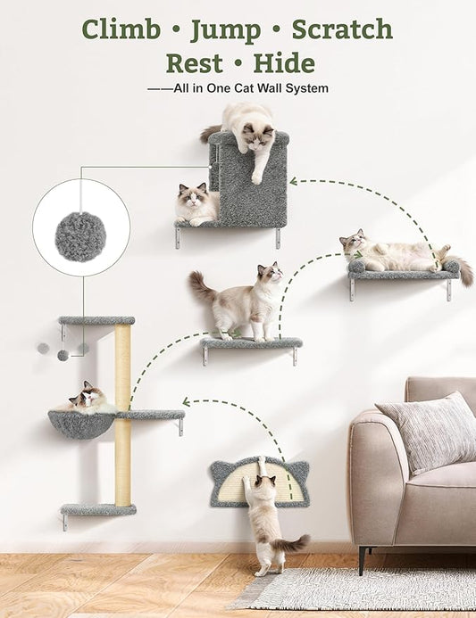 5-in-1 Cat Wall Shelves, Solid Wood & Velvet & Sisal Scratcher, 44lbs Max Load, Wall Mounted Cat Furniture for Climbers, Cat Climbing Wall System, Fits Drywall & Solid Walls - Light Gray