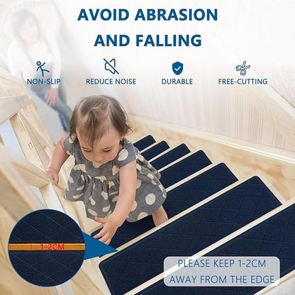 Stair Treads for Wooden Steps Indoor, 7 Pack 8" X 30" Non Slip Carpet Stair Treads with Reusable Adhesive for Kids Elders and Dogs, Surface Polyester TPR Backing Stair Rugs,Navy