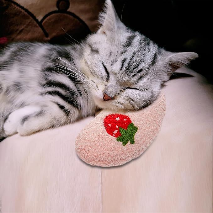Lystaii Cat Calming Pillow for Indoor Pets - Soft Fluffy Cat & Dog Bed - Anxiety Relief with Cute Embroidery Pattern (Pink, Strawberry)
