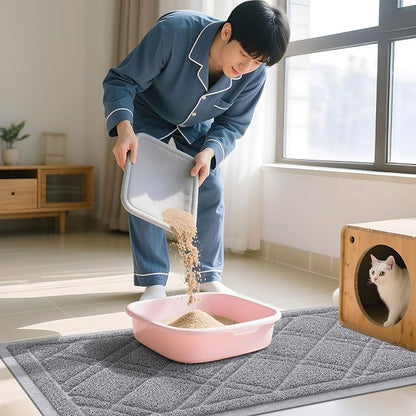 Smiry Cat Litter Box Mat 36x24, Non-Slip Water Resistant Litter Trapping Mat, Easy Clean Less Waste and Urine-Locking Cat Carpet for Indoor, Grey
