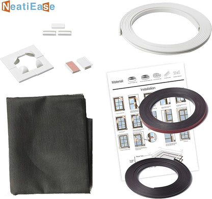 NeatiEase Adjustable DIY Magnetic Window Screen Max 55InchH x 36InchW Fits Any Size Smaller with White Frame Fiberglass Mesh