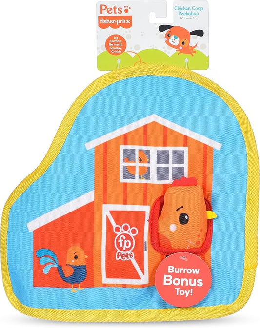 Fisher-Price for Pets Chicken Coop Peek-a-Boo Burrow Dog Toy, Flattie Style Pet Plush, Developmental Toys for Dogs